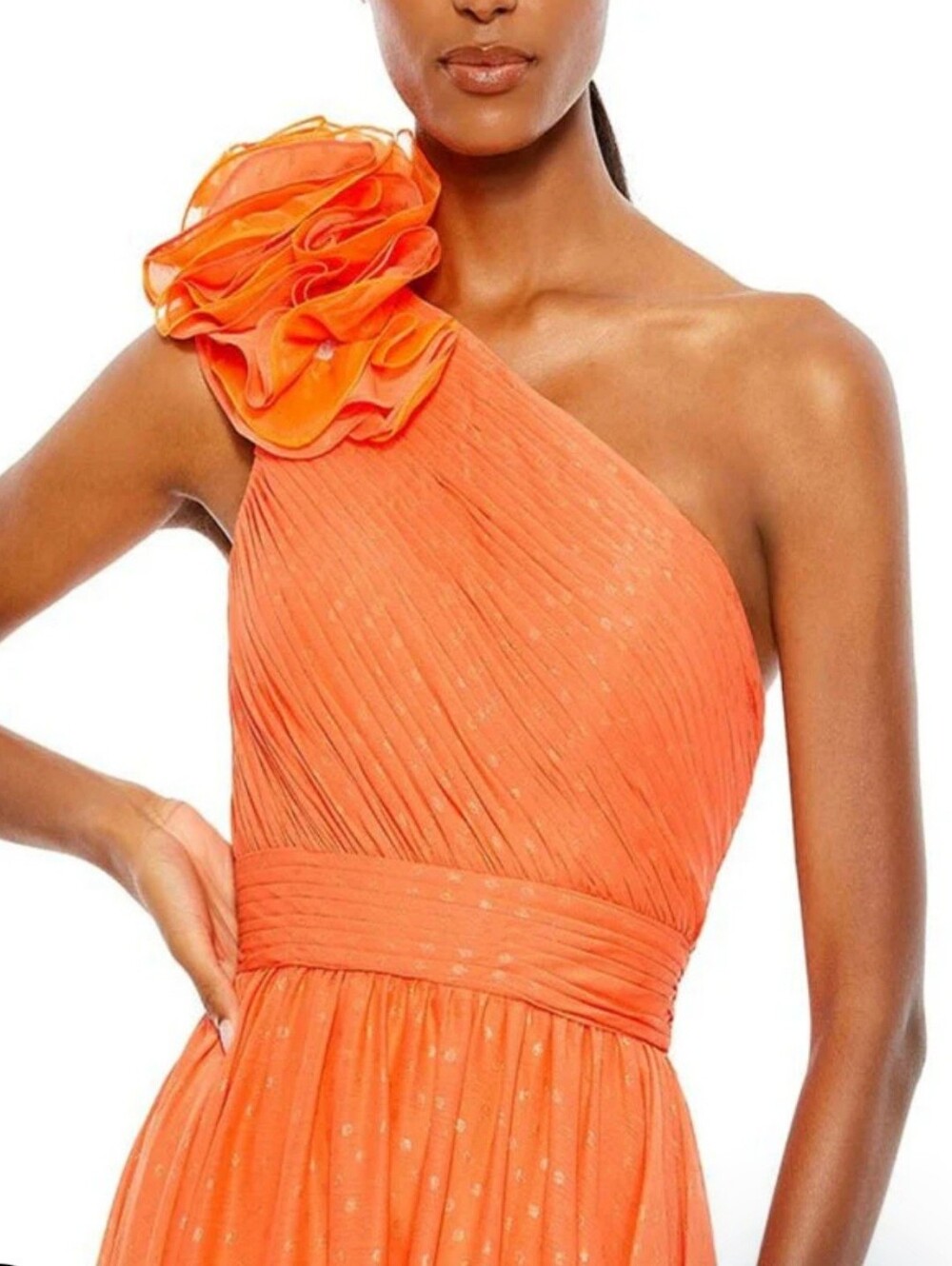 Mac Duggal 49536 One-Shoulder Orange Evening Gown with Floral Shoulder Size 2 - Picture 2 of 3